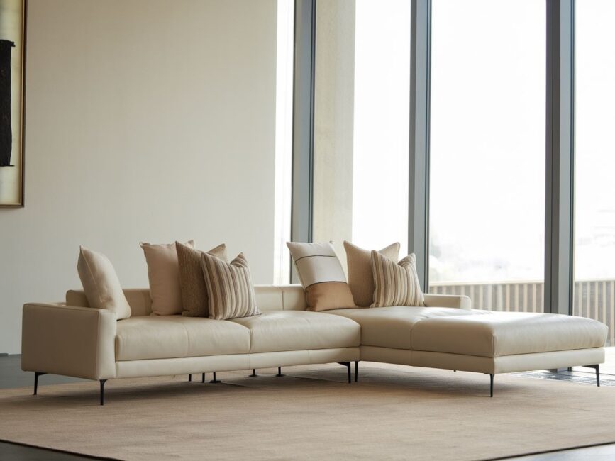 Elegancko ułożone poduszki na narożniku w salonie