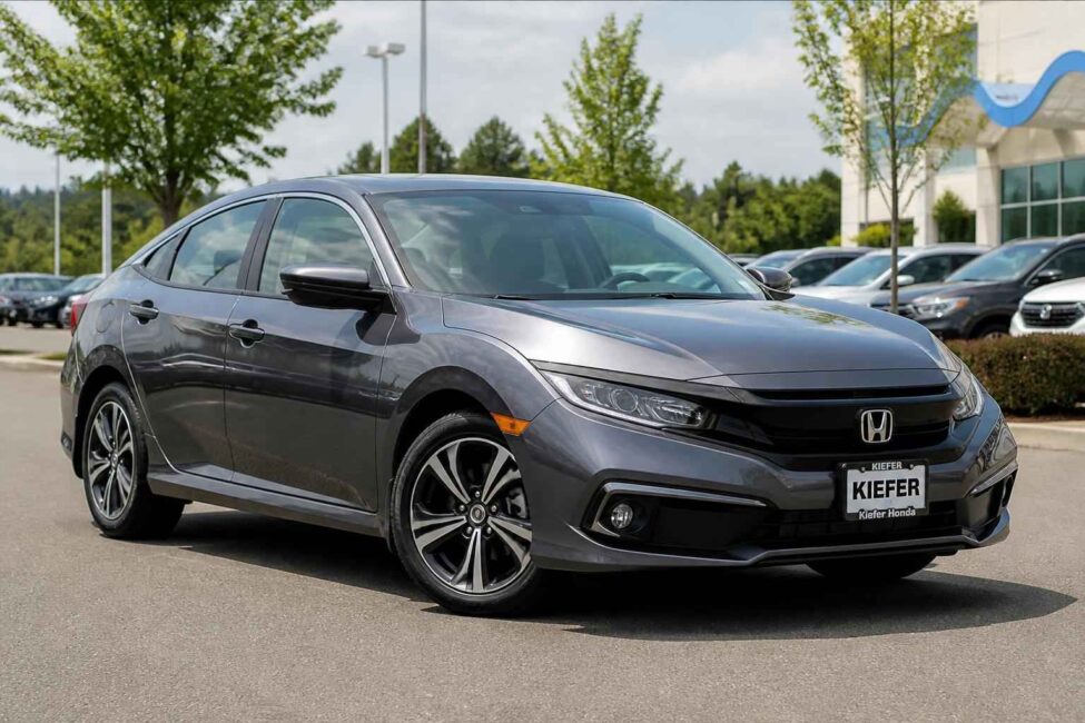 Szary sedan Honda Civic zaparkowany przed salonem samochodowym Kiefer Automotive